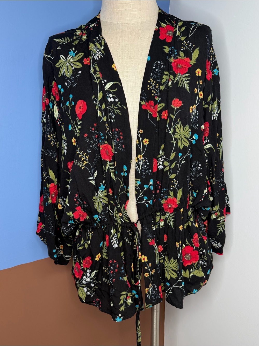 Express Floral Kimono Sleeve Tie Front Blouse Boho Shirt Size L Black